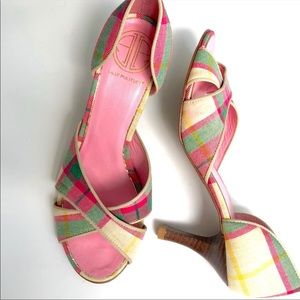 LILLY PULITZER PLAID PINK GREEN OPEN TOE HEELS